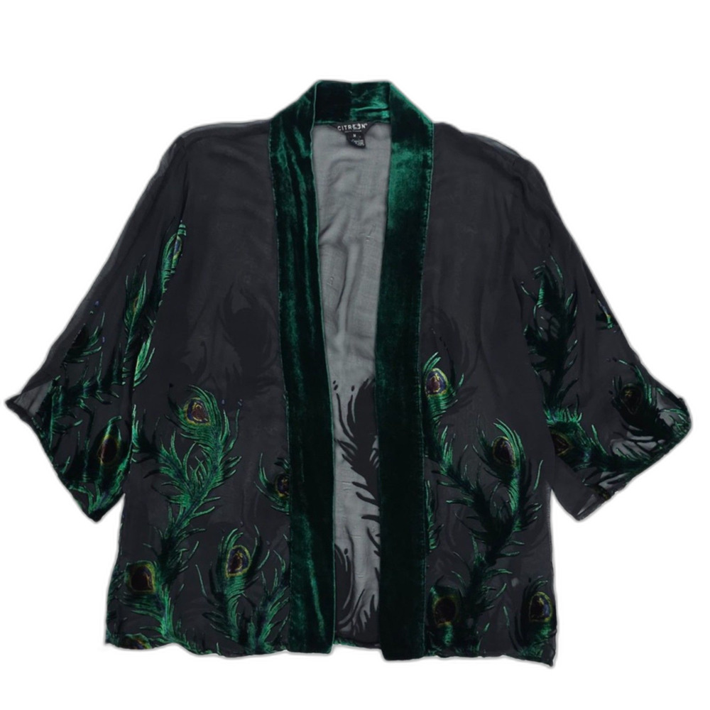 CITRON Santa Monica Sheer Silk Velvet Kimono Cover Up Peacock Boho Lagenlook